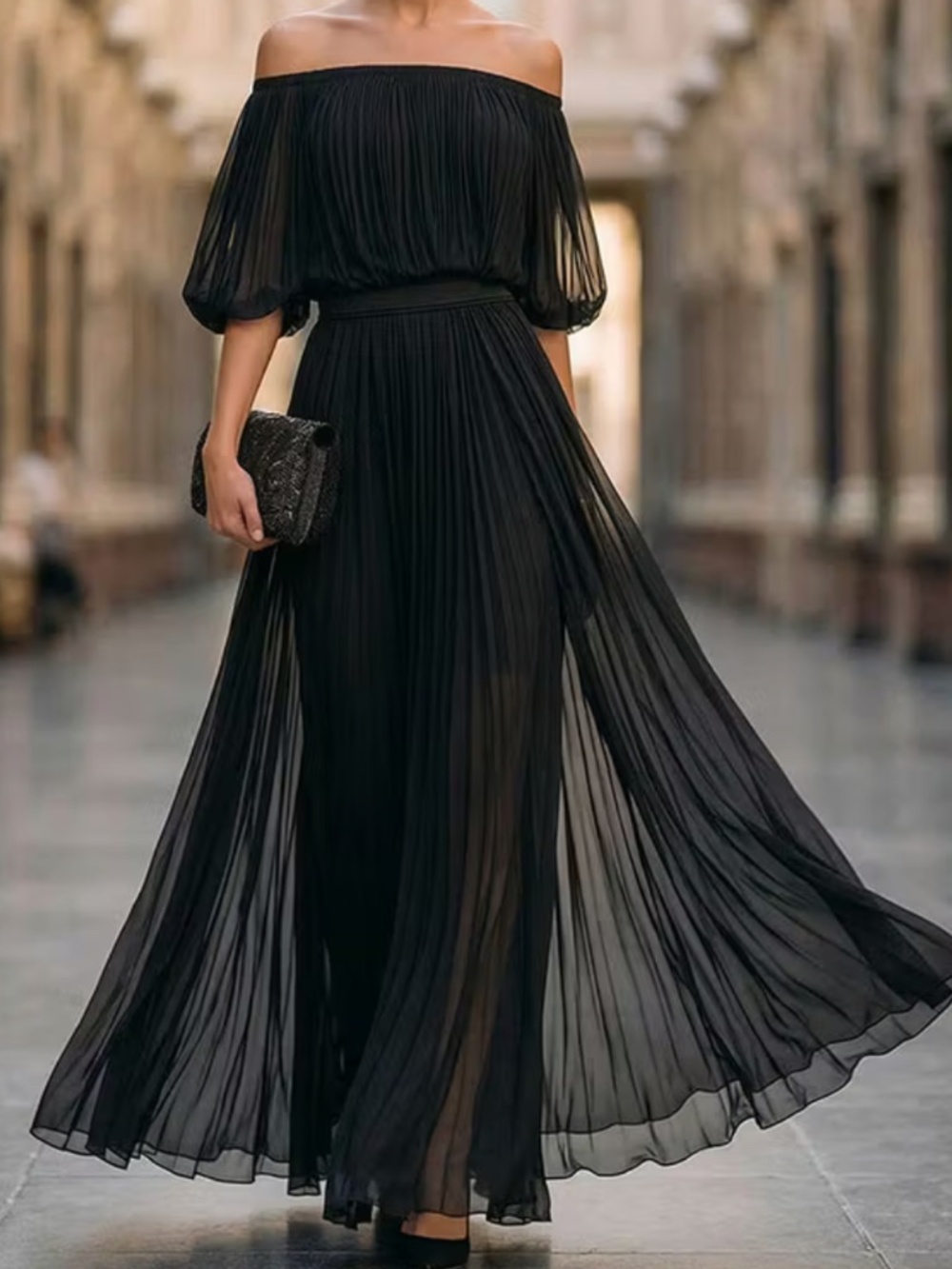 Black Maxi Dress Off Shoulder Pleats Chiffon Fabric Slit  Flattering Tummy Fit